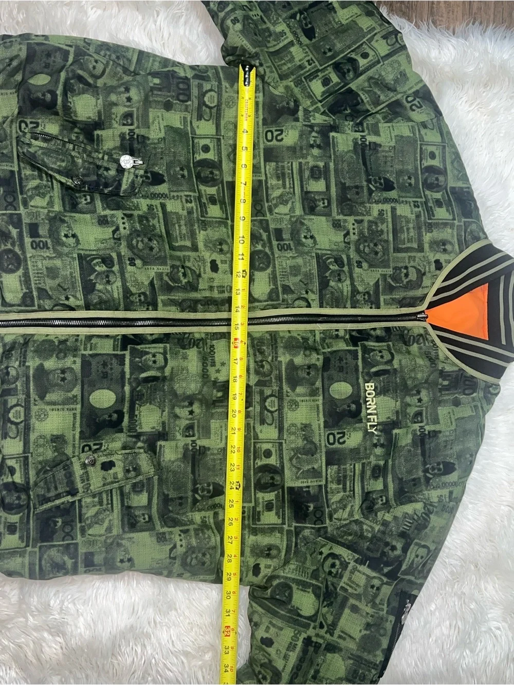 5XL Men’s Green Money-Print Bomber Jacket with Orange Lining
